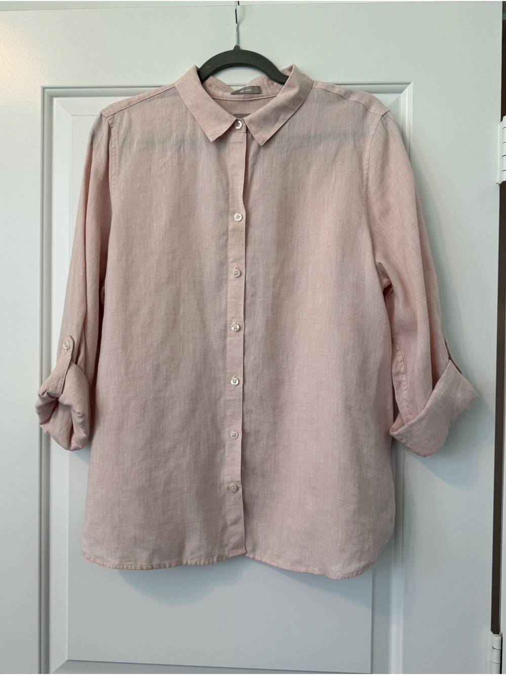Chico's No Iron Light Pink Button-Down Linen Roll Tab Long Sleeve Shirt  Sz 12